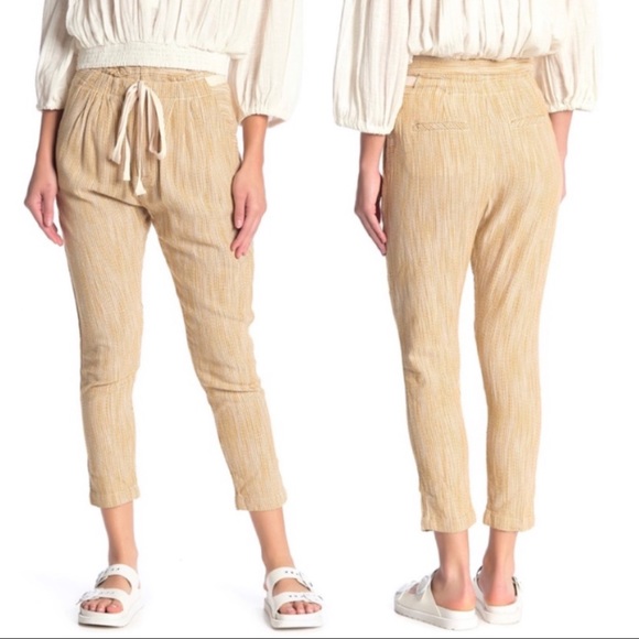 FREE PEOPLE• Light at Sunrise‎ Paper Bag Woven Tapered Pant Size 0 Yellow/Cream - Picture 12 of 13